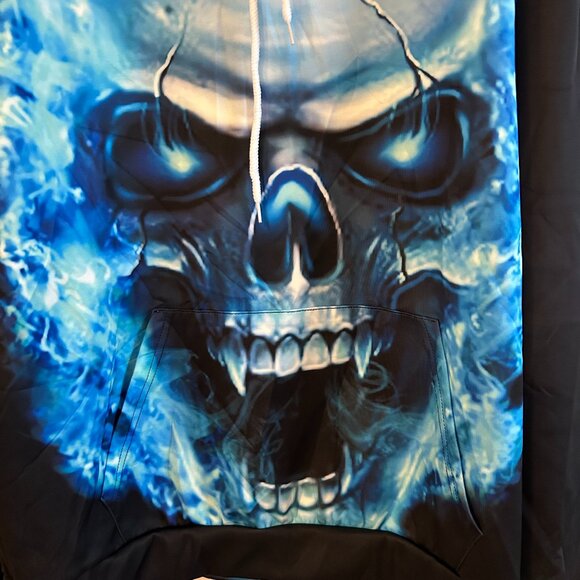 Men’s Heavyweight Blue Flaming Skull Hoodie Size 3XL - Picture 2 of 4